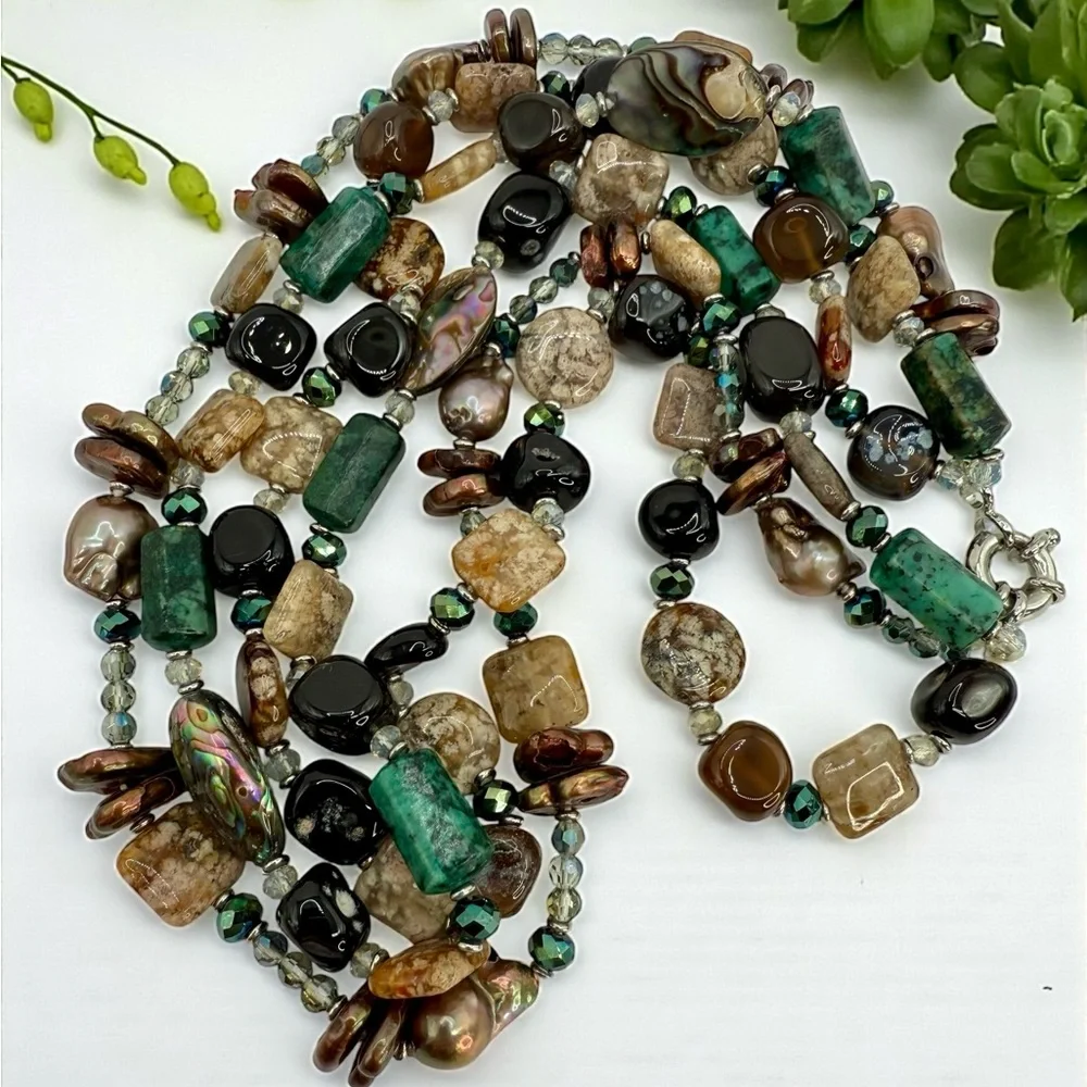 Three-Strand Multi-Gemstone Flameball Pearl Shell & Crystal Necklace 18” 20” 22” - Picture 8 of 17